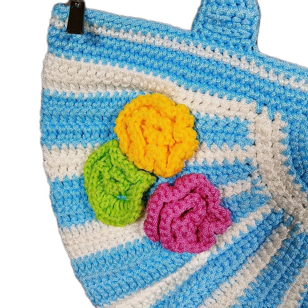 Women's Crotchet Purse Bag Tote Handmade Round Flowers Blue White NEW! - Picture 3 of 12